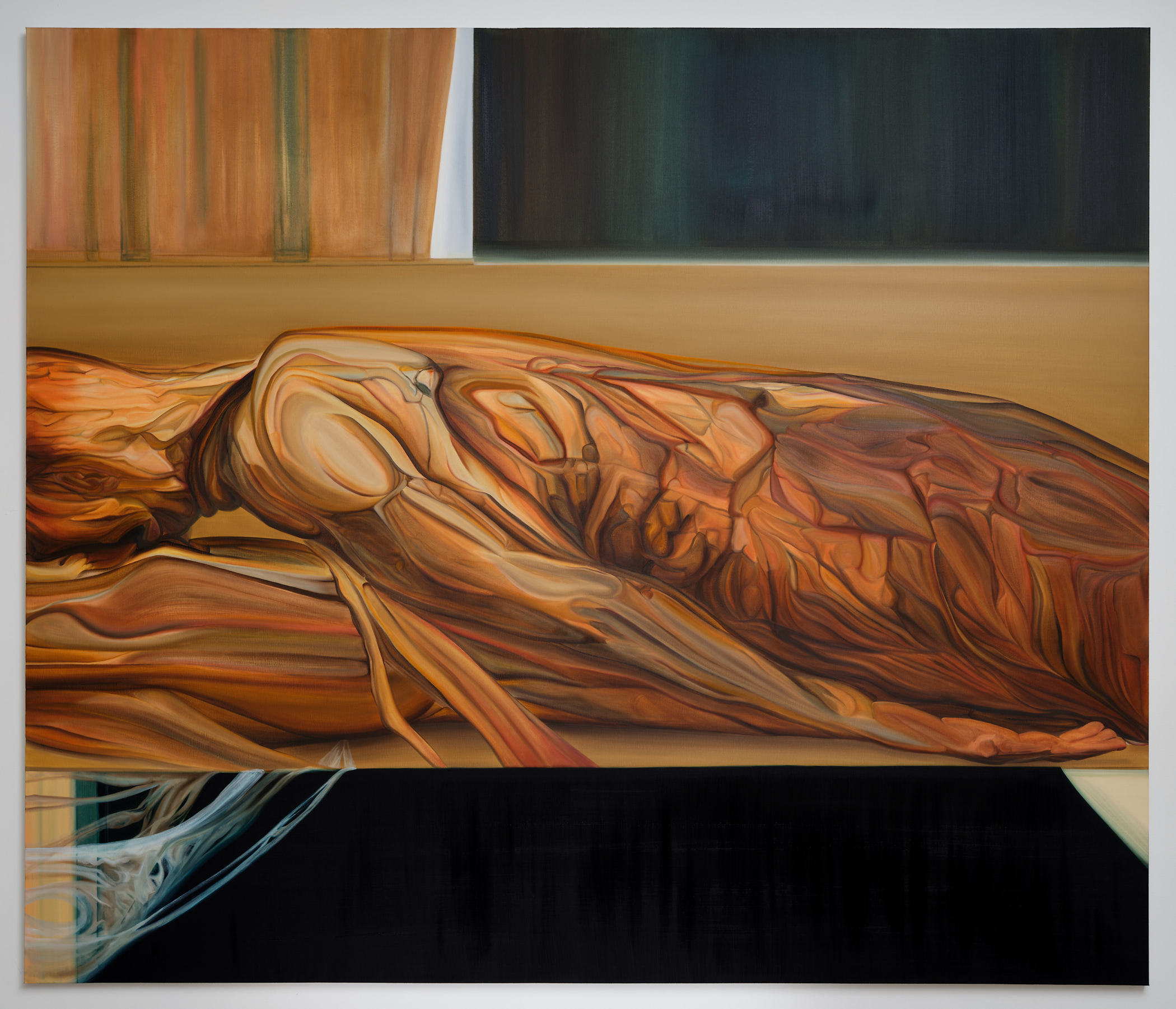 <i>the gift (after Holbein’s Dead Christ)</i>, 2023. Oil on linen, 47 5/8 x 59 7/8 in (200 x 235 cm)